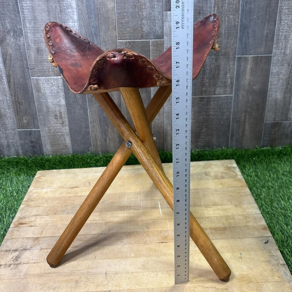 Vintage 1950s Teak Leather Folding Tripod Footstool Ottoman Safari Decor